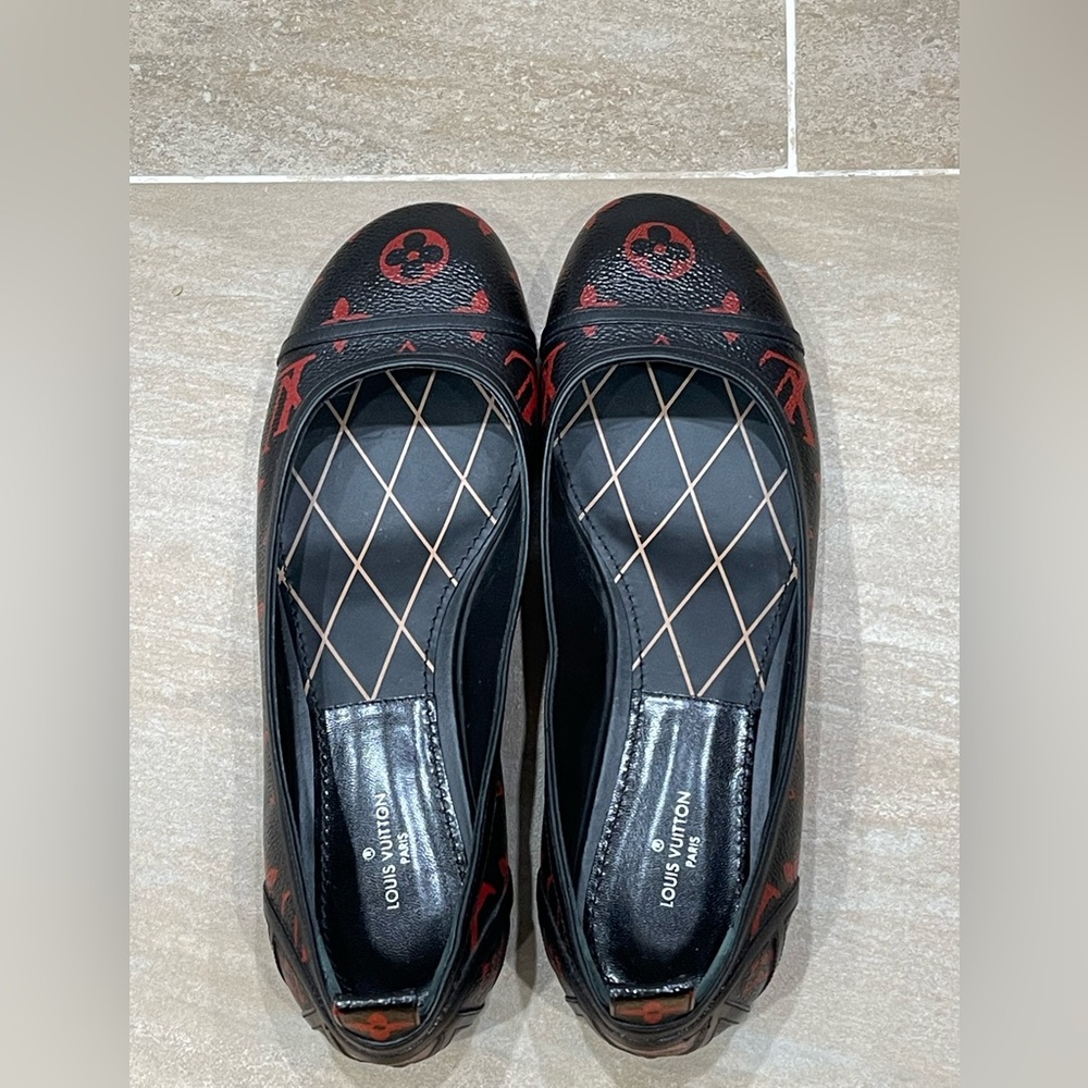 New Authentic Louis Vuitton BLACK RED Monogram NEW REVIVAL BALLERINA Shoes